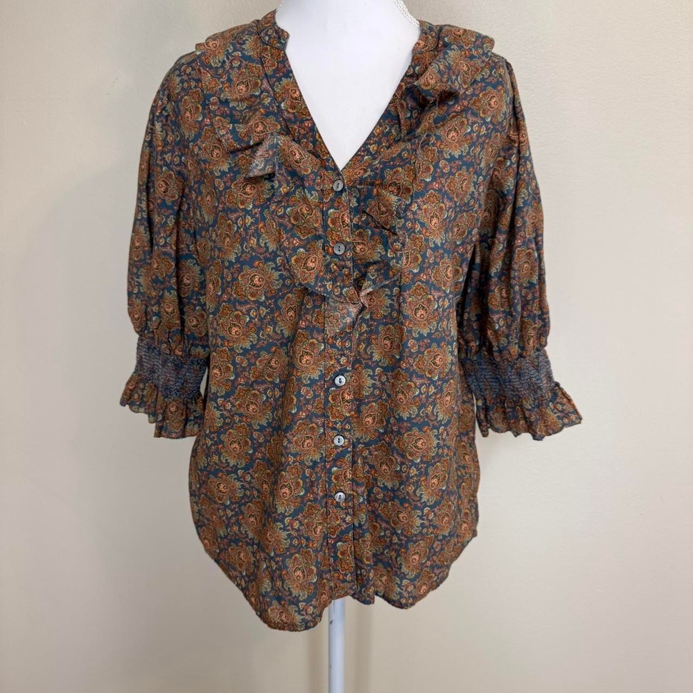Sundance Paisley Ruffle Front Boho Blouse Smocked Bell Sleeve Top Womens S